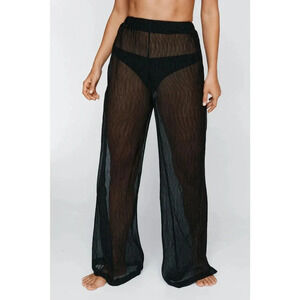 Nasty Gal Plisse Wide Leg Beach Trouser Pants Black Size 4 NWT